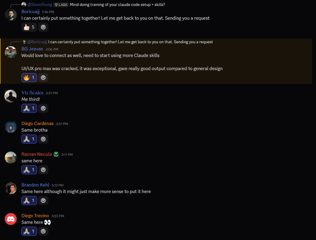 Discord thread asking Joshua for Claude Code training